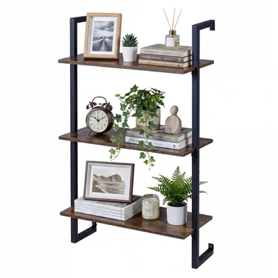 Produktbild von COSTWAY 3-stufiges Wandregal, Küchenregal mit Metallrahmen, Lagerregal Bücherregal, schwebendes Regal, Holzregal Schweberegal, Hängeregal, 53x23x90cm