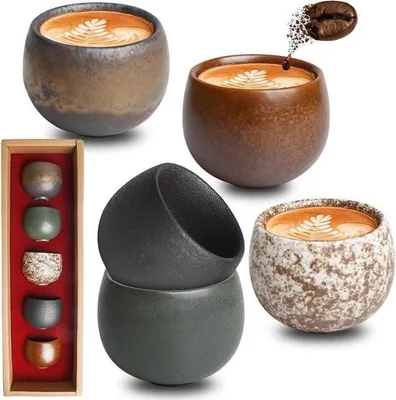 Produktbild von Espressotassen-Set, 5 Stück, 50 ml - dicke Keramik - ohne Henkel - hochwertiges Steingut - Geschenk für Frauen und Männer.