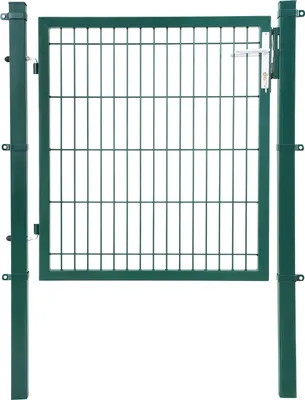 A green metal garden gate with a latch and lock mechanism, mounted on two green posts.