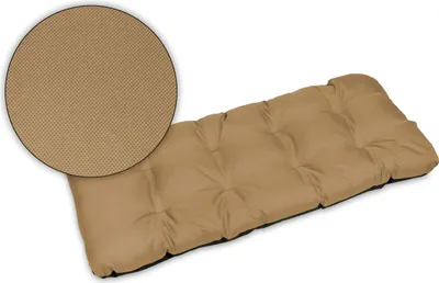 A beige bench cushion is shown on a white background with a close-up inset of the fabric texture.