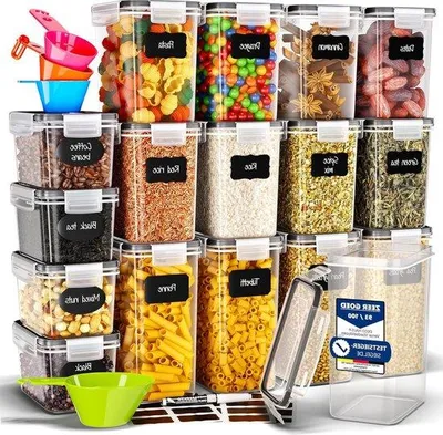Image de Lot de 16 boîtes de conservation hermétiques avec couvercle - Pâtes, muesli, farine - Rangements de cuisine - Boîtes de conservation hermétiques pour la cuisine - Rangement et organisation de la cuisine - Boîtes de conservation hermétiques pour pâtes et farine