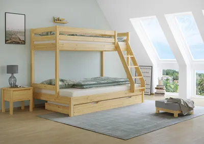 Produktbild von Doppel-Etagenbett 120x200 und 80x200 Erwachsenen-Stockbett Kiefer Massivholz natur V-60.18-08-12Rollrost. Matratze und Gästebettkasten inkl.