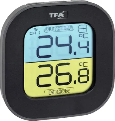 A digital thermometer and hygrometer displaying indoor and outdoor temperatures.
