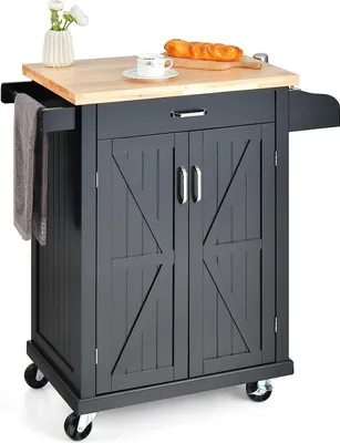 Produktbild von Küchenwagen mit Platte aus Kautschukholz, Küchenwagen mit tiefer Schublade und verstellbarem Regalschrank, Aufbewahrungswagen mit Universalrädern, für Küche, Bar (schwarz)
