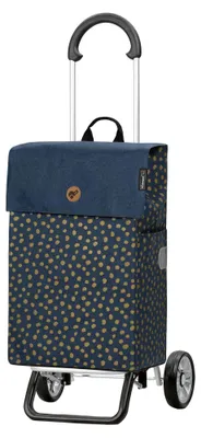 A shopping trolley with a blue fabric bag with a gold polka dot pattern.
