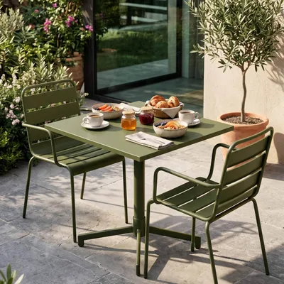 Image de Ensemble table 70 cm et 2 fauteuils de jardin en métal vert kaki - Oviala Palavas