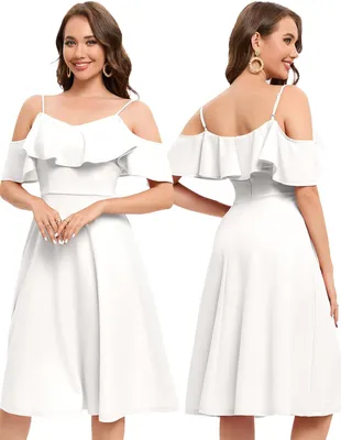 Productafbeelding van Elegant cocktailjurk, avondjurk, midi-model, met open schouders, zomer, wit, maat XL