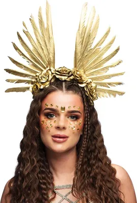 A woman wearing a golden feather headdress and makeup.