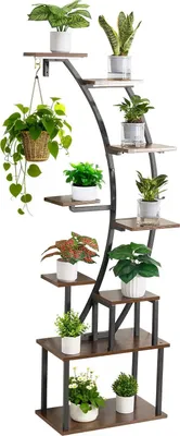 A multi-tiered plant stand with various potted plants displayed on its shelves.