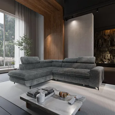 Produktbild von Masseno Ecksofa VELISS mit Schlaffunktion L-Form, Sofa mit Bettkasten, Wohnzimmersofa, Couch, Soffa, Bettsofa, Couchgarnitur- Grau, TILIA 90