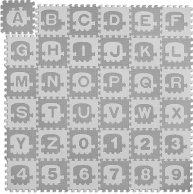 Zdjęcie produktu dla Mata puzzlowa Relaxdays z alfabetem i cyframi, 71 elementów, mata do zabawy dla dzieci, 179,5 x 179,5 cm, bezpieczna, pianka, biało-szara