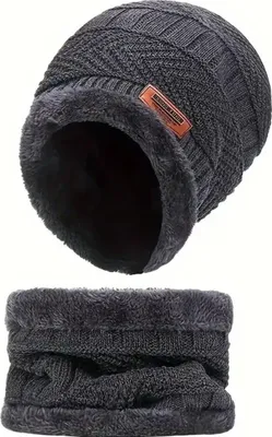 Produktbild von Wintermütze mit Schal-Set – Strickmütze & Schlauchschal, gefüttert, Onesize Grau
