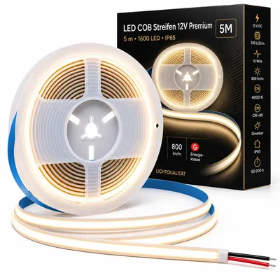 Produktbild von MasterLED LED COB Streifen 5 m, 12V DC, 320 LEDs m, 10 Wm, 4000K Neutralweiß, IP65, dimmbar