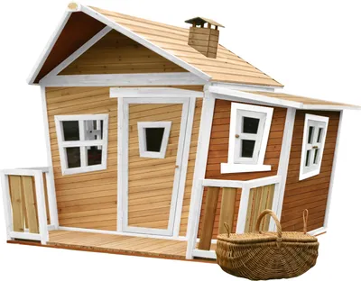 Produktbild von AXI Spielhaus Lisa aus Holz | Outdoor Kinderspielhaus mit Veranda für den Garten in Braun & Weiß | Gartenhaus für Kinder mit Fenstern