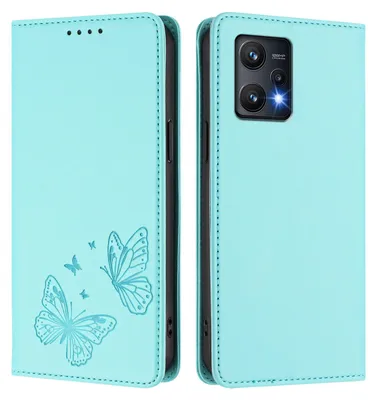 Produktbild von Lederhülle für Realme 9 Pro 5G, Schmetterling Prägung Leder Brieftasche Schutzhülle mit Ständer Türkis