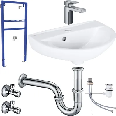 Produktbild von Waschbecken Komplettset Rosmarin 45 cm mit Hansgrohe Armatur und Vorwandelement Ablaufgarnitur Siphon Schell Eckventil