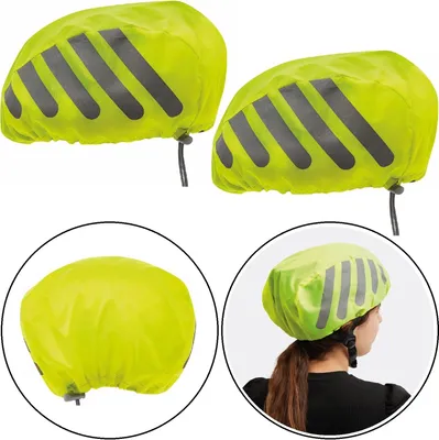 Produktbild von 2 x Fahrradhelm Regenschutz Neon Gelb mit reflektierenden Streifen - Fahrrad Helm Regenschutz Universal passend - Kordelzug