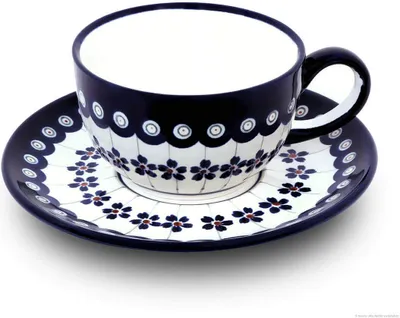 Produktbild von Original Bunzlauer Keramik Kaffeetasse Teetasse Ø9,8 cm klassisch 200 ml mit Unterschale Ø16 cm im Design 166a