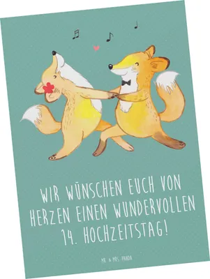 Produktbild von Mr. & Mrs. Panda Postkarte 14. Hochzeitstag Elfenbeinhochzeit - Meeresbrise - Geschenk, Ansichtskarte, Jubiläum, personalisierte Geschenke, Grußkarte, Postkarten, Heirat