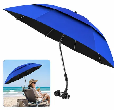 Produktbild von Doppel-Klappschirm mit Klemme (UPF50+, 106 cm) – 360° verstellbar, aus Carbon – ideal für Strandkorb, Rollstuhl, Golf und Camping