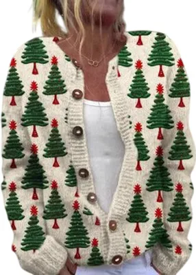 Produktbild von ASKSA Damen Weihnachts Strickjacke Weihnachtsjacke Weihnachten Cardigan Reindeer Weihnachtsmann Weihnachtspullover Sweat,B-Weiss,XL
