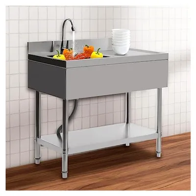 Produktbild von Mobile Edelstahlspüle, freistehender Spültisch, 100x60x80cm, Küchenspüle mit Unterschrank, 360° drehbarer Wasserhahn