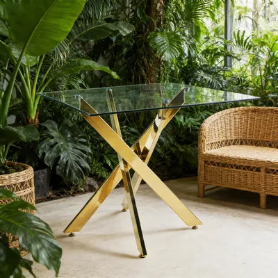Immagine prodotto di Tavolo okwish con piano in vetro, tavolo da cucina con struttura in metallo a forma di croce, 80 x 80 x 75 cm, adatto per cucina o sala da pranzo, color oro