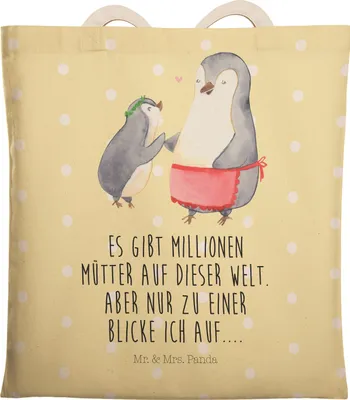 Produktbild von Mr. & Mrs. Panda Einkaufstasche Pinguin mit Kind - Gelb Pastell - Geschenk, Beutel, Tasche, Mutti, Muttertag, Tote Bag, Stofftragetasche, Vorbild Mama, Familie