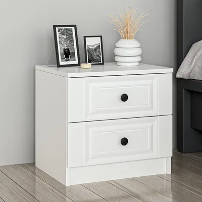 Obrázok produktu pre Skye Decor, kvalitný nočný stolík, biela farba, 50 x 47 x 40 cm | 100% melamínová doska, hrúbka 18 mm | S množstvom políc, ideálny do klasických spální.
