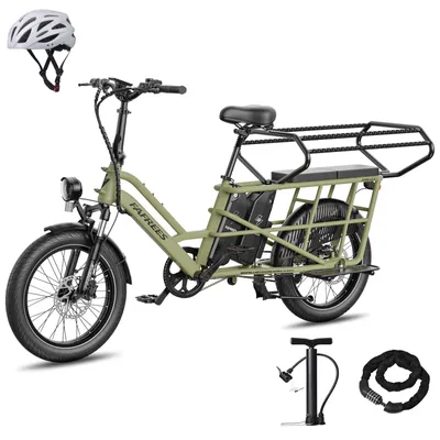 Obrázek produktu pro Elektrokolo pro dvě děti s dvojitou baterií a dětskou sedačkou – elektrokolo typu "longtail" s rychlostí 25 km/h a dojezdem 140 km, barva olivově zelená