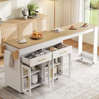 Produktbild von Mobile Kücheninsel/Küchenwagen mit Rollen, ausziehbarer Bartisch mit Stauraum, Küchenschrank mit Glastüren, Schubladen & Einlegeboden, Weiß, 132,5-217 x 50 x 93 cm