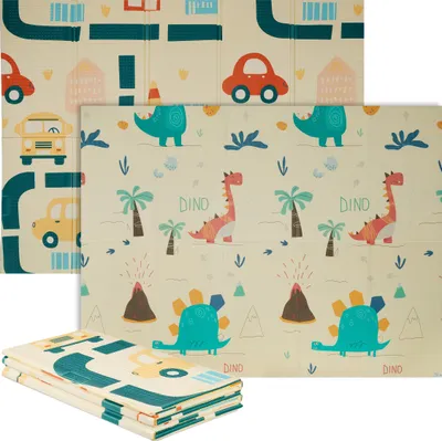 Produktbild von Relaxdays Spielmatte, faltbare Kindermatte, Autos & Dino, 200 x 150 cm, XPE-Schaumstoffmatte, Krabbelmatte Baby, bunt