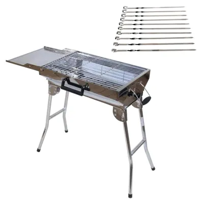 Produktbild von Mangal Aladin, rostfrei mit Klappbeinen und 20 Edelstahlspießen, Holzkohlegrill, tragbar, kompakt, inklusive Transporttasche