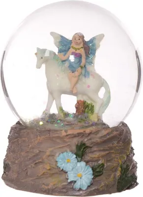 Produktbild von Glitzerkugel Elfe auf Einhorn, blaue Blumen, Schneekugel Figur Schneekugeln Fee Fairy Märchen