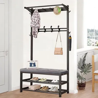 Produktbild von Famanu Garderobe 4-in-1 mit Sitzbank, Schuhregal und 14 Haken - Schwarz/Grau