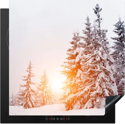 Produktbild von KitchenYeah© Herdabdeckplatte Sonne - Bäume - Schnee , 78x78cm, Küche Deko, Glaskeramikkochfeld Herdabdeckung, Abdeckplatte fùr Kochfeld