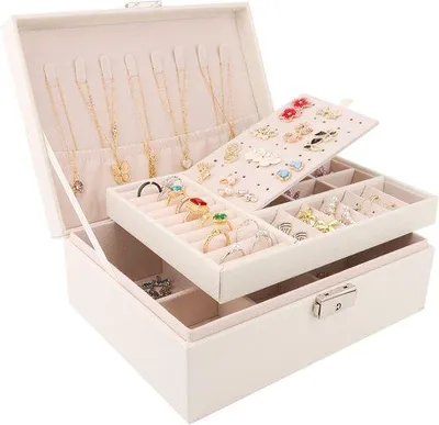 Produktbild von Famanu Schmuckbox mit 2 Ebenen - Aufbewahrung für Ringe, Ohrringe, Halsketten und Uhren, mit Schloss und Schlüssel