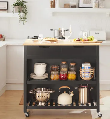 Zdjęcie produktu dla Wyspa kuchenna i wózek kuchenny – FKW74-SCH – 2 szuflady i półki – 98×94×58 cm – czarny