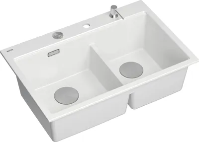 Obrázok produktu pre QUADRON Dvojdrezový drez | Rozmery: 76 x 50 x 23,5 cm | MARC 120 | Granitový drez z GraniteQ so sifónom + dávkovačom + doskou | Biela + oceľ