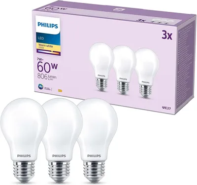 Produktbild von Philips Filament-Lampe Milchglas 60W A60 E27 x3, 7 W, 60 W, E27, 806 lm, 15000 h, Warmweiß