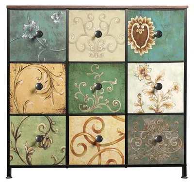 Image de Commode en tissu - 9 tiroirs - Structure métallique - Surface en bois - 100 x 30 x 86,5 cm - Noir - Salon