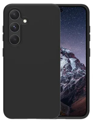 A black phone case is shown next to a phone displaying a starry night sky and a snowy mountain landscape.