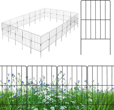 A wireframe model of a garden fence and a close-up of a garden fence with flowers.