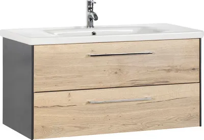 Produktbild von Marlin Badmöbel-Set 3400 BxHxT 100 x 90 x 45,5 cm Frontfarbe eiche natur mit Waschtisch Keramik weiß Griff chrom ASMN WK