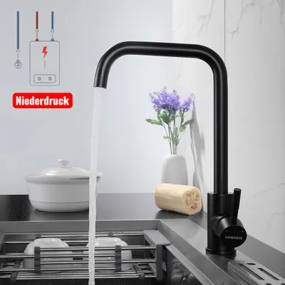 Produktbild von Niederdruck Wasserhahn Küche L-Form, 360° Drehbar Niederdruckarmatur Schwarz für Boiler, Einhandmischer 304 Edelstahl Küchenarmatur Cecipa MAX