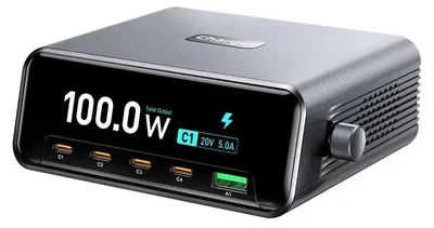 Zdjęcie produktu dla Ładowarka GaN USB-C WLX-60D - stacja dokująca 265W - 3 porty USB-C z szybkim ładowaniem PD 3.0 - inteligentny wyświetlacz mocy 5,8 cm - kolor szary