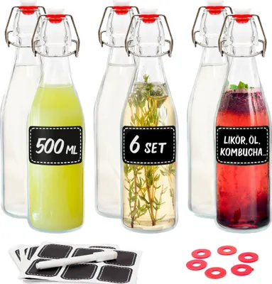Produktbild von 6er Set Glasflaschen 500ml mit Bügelverschluss - Bügelflaschen Zum Befüllen - inkl 6 Extra Dichtungen & 12 Etiketten mit Stift - Glasflaschen für Öl, Essig, Saft & Limonade