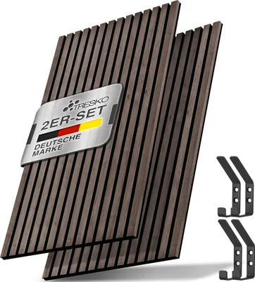Obrázek produktu pro TRESKO® 2 kusy akustických dřevěných panelů 120×60 cm včetně 4x háčků na kabáty | obklad stěn ořech jako 3D lamelová stěna | dřevěné panely pro zvukovou izolaci | akustické stěnové panely s montážní sadou