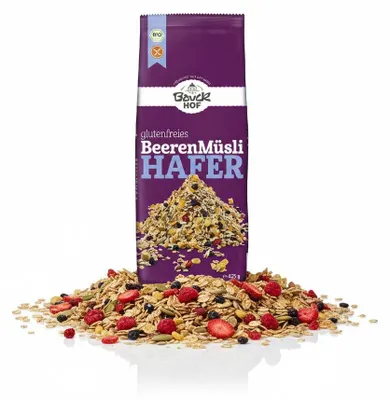 Produktbild von Bauckhof  Hafermüsli mit Beeren, 425 g, Hafer, Apfel, Brombeeren, Schwarze Johannisbeere, Erdbeere, CE, Deutschland, Box