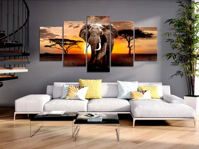 Image de Tableau acoustique Afrique 200 x 100 cm Tableaux Mousse acoustique Absorbeur acoustique haute performance Isolation acoustique Toile 5 pièces Tableau mural Acoustique intérieure Isolation acoustique Animal Éléphant g-C-0054-b-n